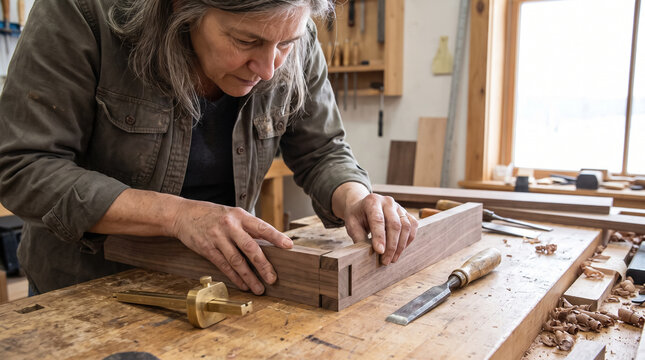 Female carpenter fitting precise wooden mortise and tenon joint at workbench in workshop. Concept of cabinetmaker, hardwood, woodworking, joinery, woodcraft.