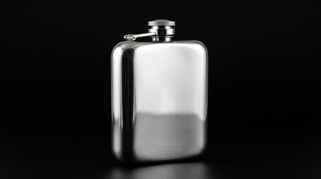 A shiny stainless steel hip flask standing upright against a plain solid black studio background with polished metal pocket container liquids stands vertically dark surface