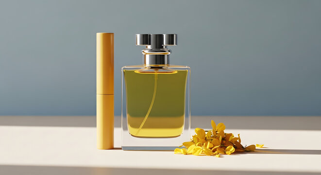 Glass perfume bottle with yellow liquid and flowers on blue background