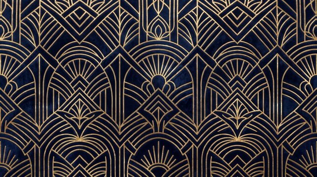 Luxurious Art Deco geometric ornament pattern with gold lines and dark blue background
