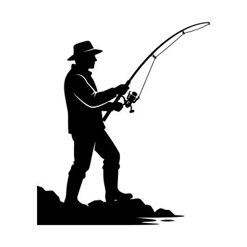 Fisherman silhouette standing on rocks with rod and reel illustration for outdoor leisure activity hobby projects fishing sport competition or nature lifestyle.