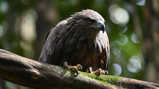Majestic Bird of Prey Perched on a Mossy Branch, Focused and Observing Its Surroundings, Ready to Hunt
