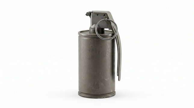 A single olive drab stun grenade with a pull ring isolated on a white background with stands upright against cylindrical olive grenade metal industrial ammunition