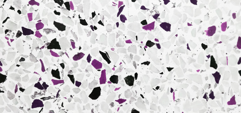 White Terrazzo Texture Background with Purple, Magenta and Black Stone Chips, Modern Decorative Surface for Flooring and Interior Design. Modern White Terrazzo Surface with  Purple and Pink Stone.