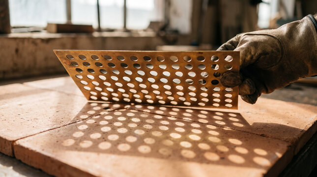 Artisan holding perforated brass metal sheet over brick surface in workshop. Concept of craftsman, metalworking, hands, shadow pattern, metal plate.
