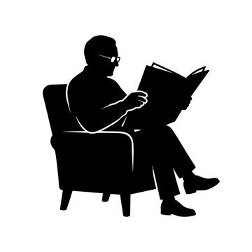 Mature man wearing glasses sitting in armchair reading newspaper for news media information morning routine home relaxation and intelligent lifestyle concept design.