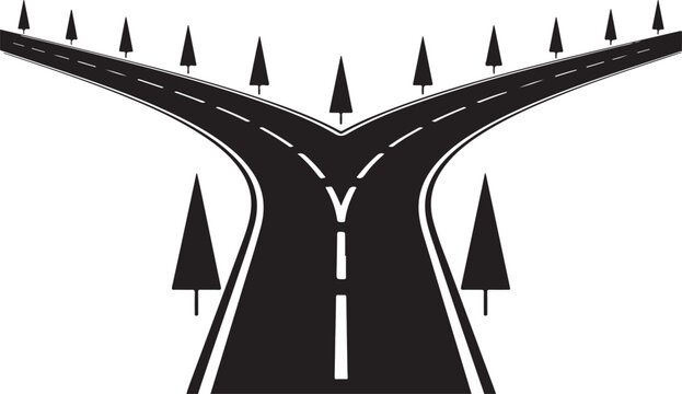 A diverging road splits into two paths lined with silhouetted trees