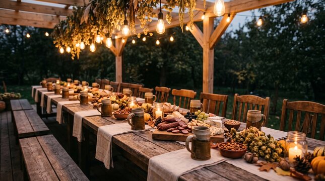 Long wooden banquet table set for an outdoor dinner party with string lights