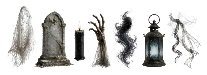 Naklejka na ściany i meble PNG Spooky Halloween props set with ghostly graveyard elements