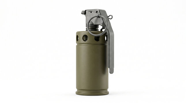 A green stun grenade with a metal pin and lever isolated on a white background with stands white surface ring safety lever green tactical metal pull operational
