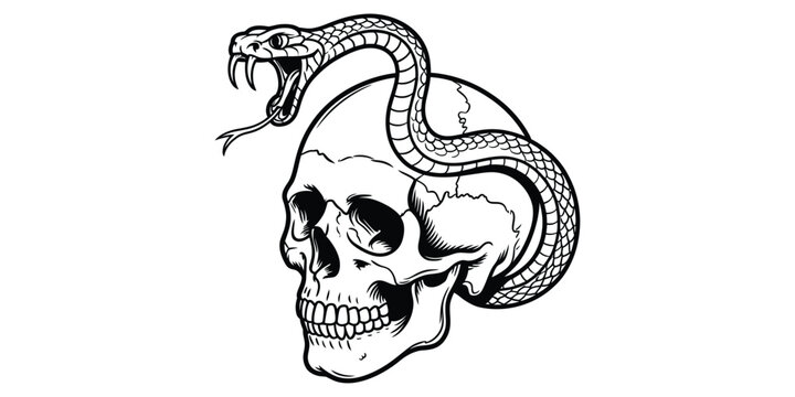 Black and white illustration of a dangerous snake wrapped around a human skull