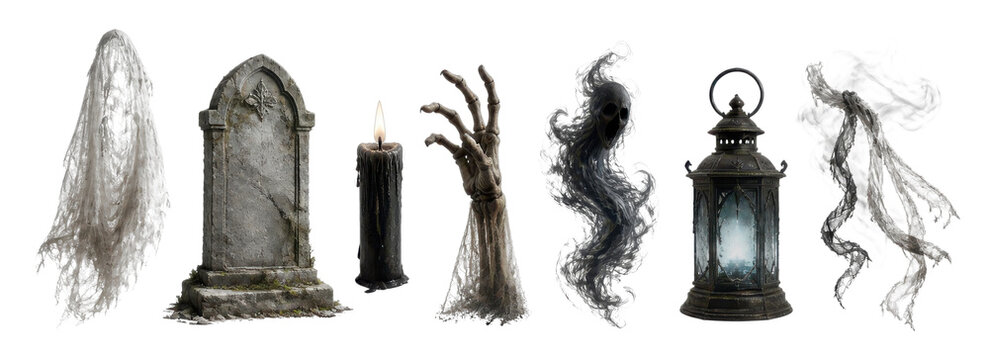 PNG Spooky Halloween props set with ghostly graveyard elements