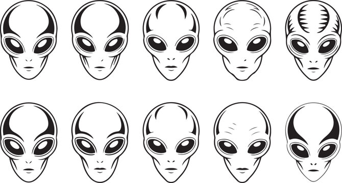 Alien head silhouettes collection a black vector graphic on a white background