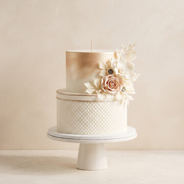Two-tier luxury wedding cake with a delicate white and cream floral arrangement and a blank wooden cake topper stick