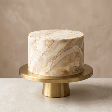 Elegant single-tier cake with delicate gold marble pattern displayed on a gold cake stand