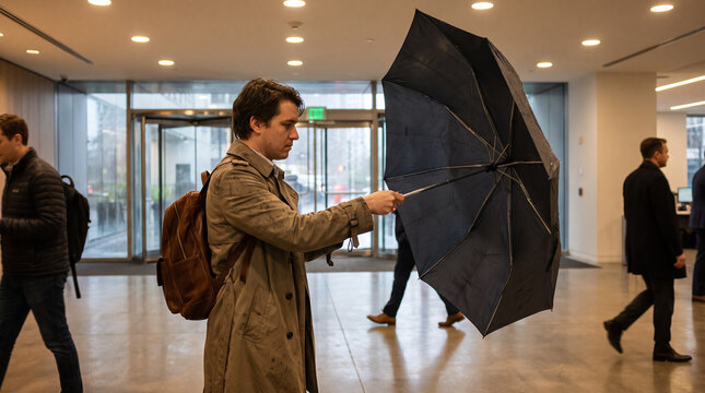 Commuter in trench coat opening wet umbrella inside modern office building lobby. Concept of rain gear, rainy day, city commuter.