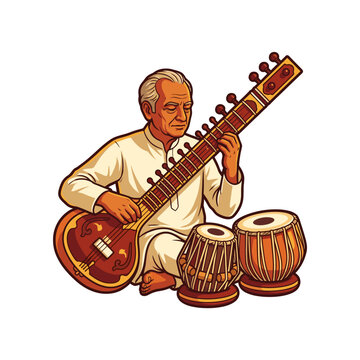 Senior Indian musician playing sitar and tabla drums classical music vector illustration