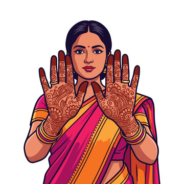 Indian woman in saree showing hands decorated with henna mehndi patterns vector illustration