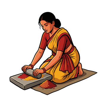 Indian woman in saree grinding spices on traditional stone mortar sil batta vector illustration