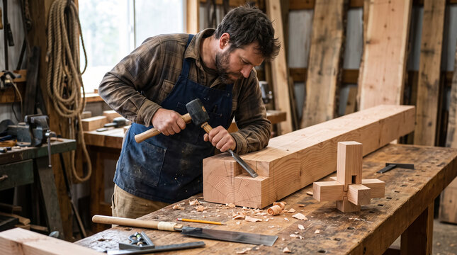 Carpenter Chisel Wood Beam for Timber Frame Joinery in Workshop. Concept of framer, woodworking, woodworker, craftsman.