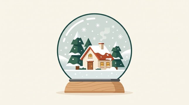 Christmas snow globe with a snowy village and evergreen trees