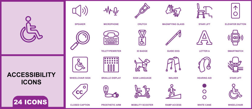Accessibility set featuring twenty four linear symbols for disability support and inclusive tools
