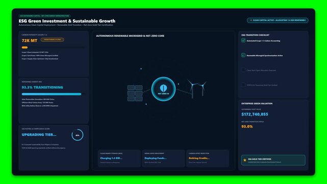 ESG Green Investment Dashboard Motion Graphic Animation of Sustainable Energy Transition and Carbon Footprint Reduction