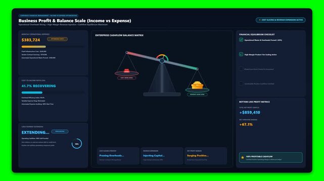 Animation of Financial Dashboard with Business Balance Scale Tilting from Expense Deficit to Net Profit