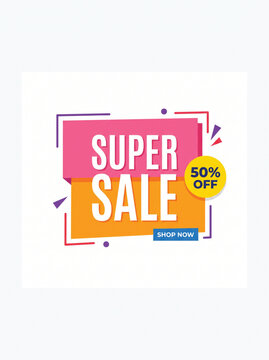 Vibrant Super Sale 50% Off Promotional Banner Illustration for Online Shopping and Retail Offers