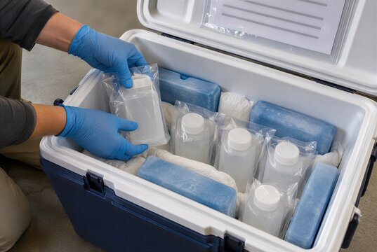 PFAS drinking water samples packed in a cooled transport container with sealed laboratory bottles and ice packs for environmental contamination testing and chain of custody
