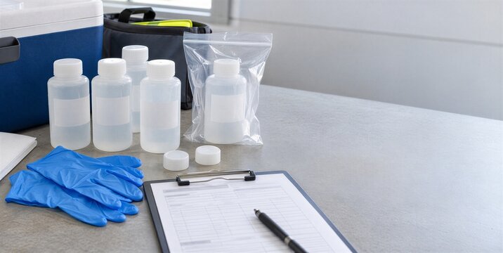PFAS water testing kit with laboratory sample bottles, nitrile gloves, cooler and chain of custody paperwork arranged for environmental drinking water monitoring with copy space