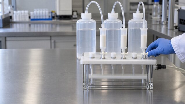 PFAS water analysis by solid phase extraction with multi cartridge SPE manifold, sample reservoirs and technician operating laboratory equipment for drinking water testing
