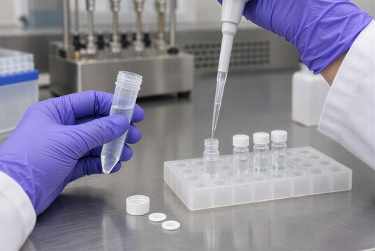 PFAS drinking water extract preparation with gloved laboratory technician transferring liquid by micropipette into autosampler vials before instrumental chemical analysis