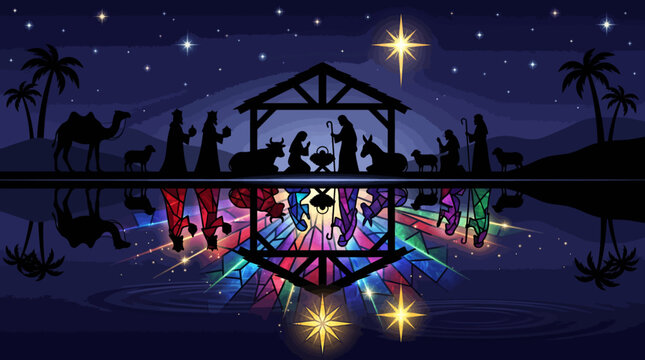 Nativity Scene Silhouette with Stained Glass Water Reflection Vector Illustration