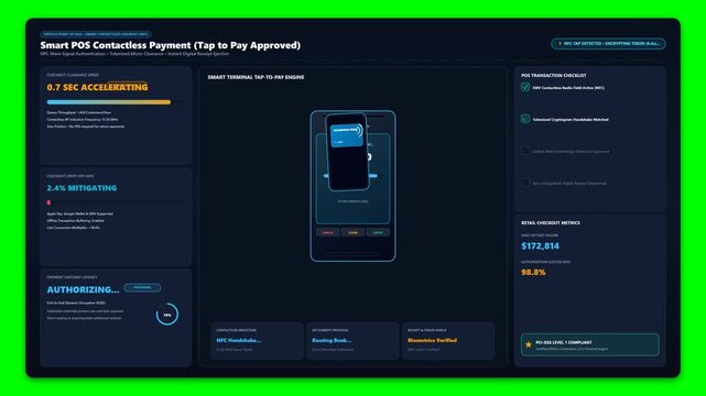 Smart POS Contactless Payment Dashboard Animation with NFC Tap to Pay Checkout and Receipt Generation