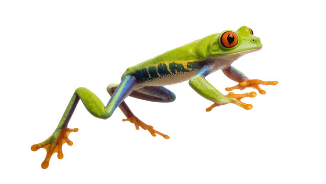 Vibrant green red-eyed tree frog with orange feet, isolated on transparent background
