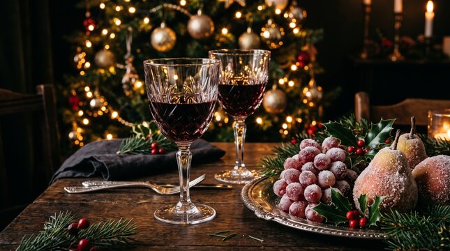 Two crystal glasses of red wine with frosted pears, grapes, and holly on a wooden table against a sparkling Christmas tree