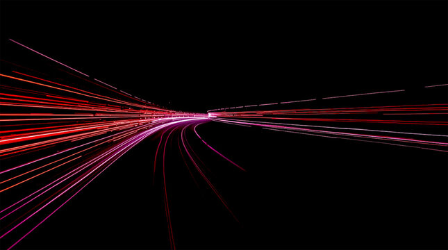 Abstract red and white light streaks moving fast on a dark background creating a sense of speed motion blur technology connection digital travel concept representing rapid data flow and movement