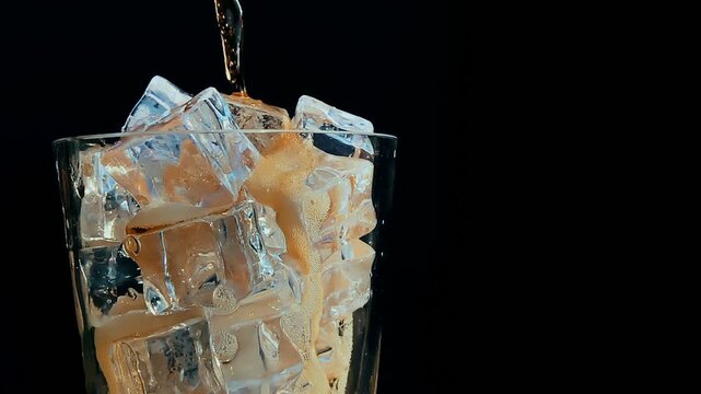 Pouring Coffee Cream into Iced Glass on Black Background