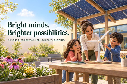 Clean Energy Education Poster with Children and Teacher under Solar Panels