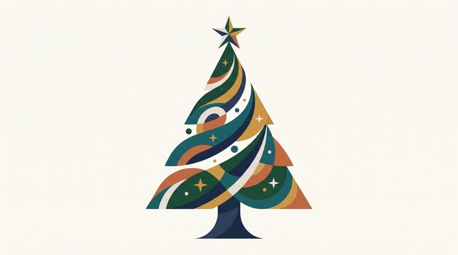 Retro mid-century modern Christmas tree, stylized geometric holiday pine with vintage color palette, minimalist festive evergreen on cream background