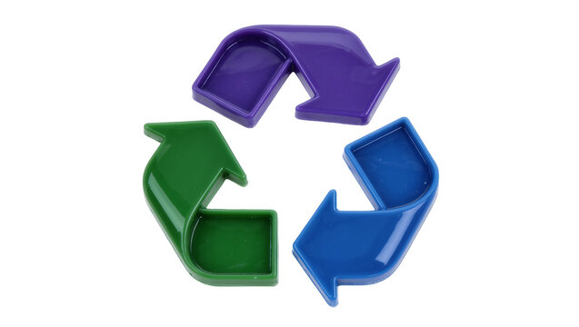 Three colorful plastic recycling arrows green blue and purple, isolated on transparent background
