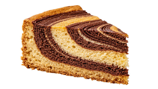 Swirled chocolate and vanilla marble cake slice, isolated on transparent background