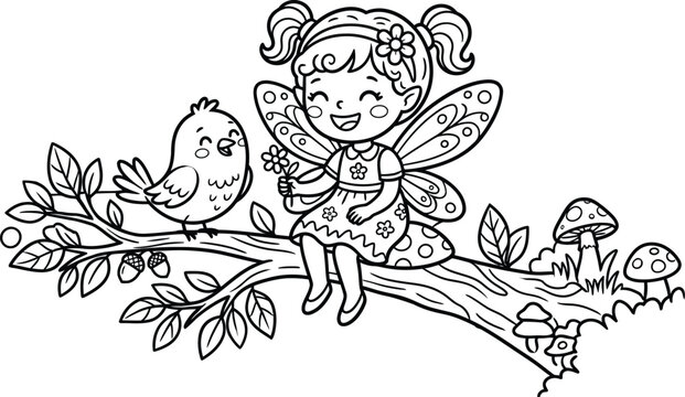 Cute fairy sitting on a branch with a bird and mushrooms isolated on transparent background