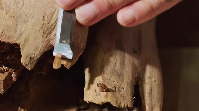 Carpenter's hand chiseling a rough splintered wood edge, close up woodworking craftsmanship