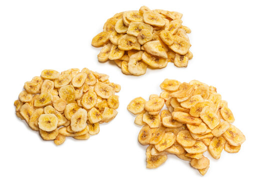 Banana chips isolated on a white background. Dehydrated banana.