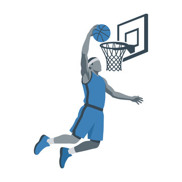 Basketball player dunking ball into hoop with blue uniform and sneakers jumping high