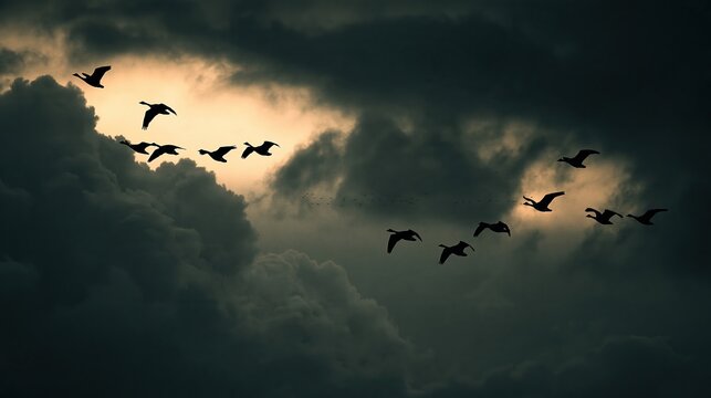 Silhouette of Migratory Birds Flying Through Dark Dramatic Storm Clouds