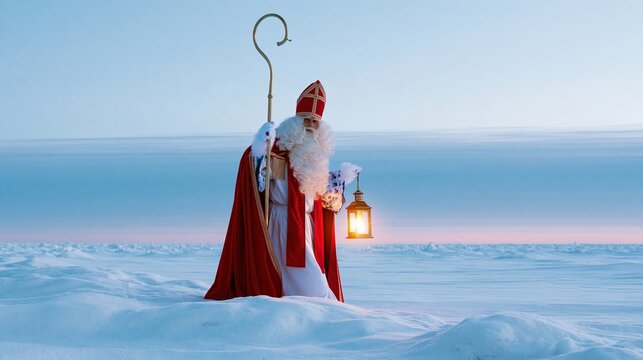 Sinterklaas walking through the snowy winter landscape with a lantern