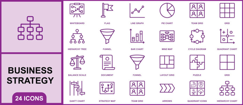 Set of twenty four business strategy featuring charts, diagrams, and planning tools, line ve